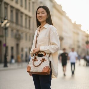 Michael Kors Beige Monogram Satchel Handbag Brown Trim Studded Fall Colors